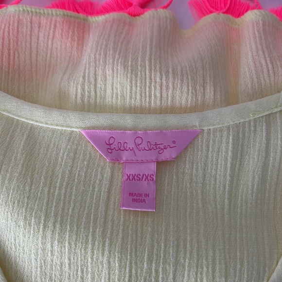 Lilly Pulitzer Neon Yellow Blouse Pink Embroidery with Tassels - Picture 7 of 7